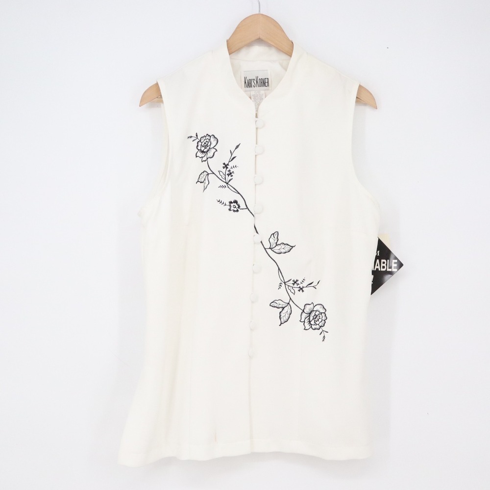 Karis Korner Sleeveless Top Womens 18W White Floral Button-Down New